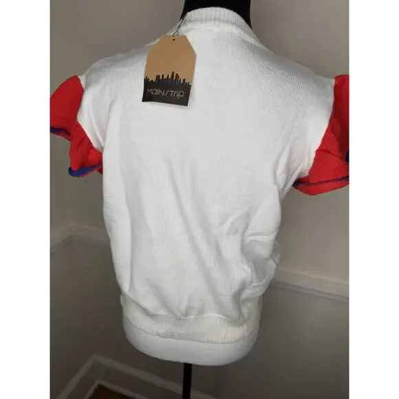 USA Red white blue flag 4th of July Sweater ruffle Pullover By Main Strip L NWT - Picture 4 of 12